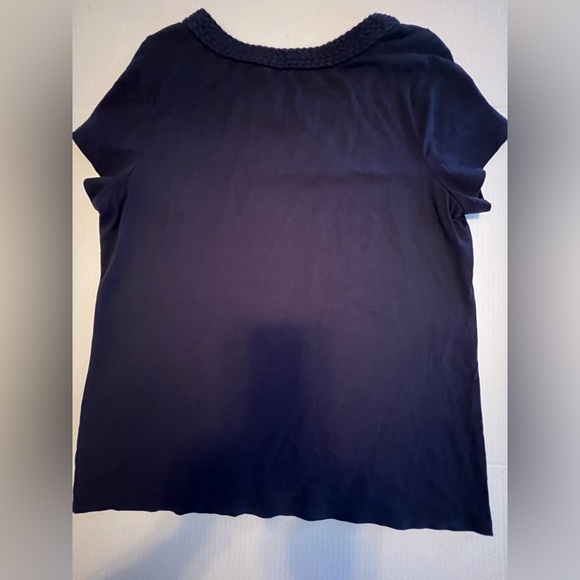 Talbots Navy Blue Boxy Short Sleeve Tee with Woven Look Neck. Large Petite - Picture 1 of 5